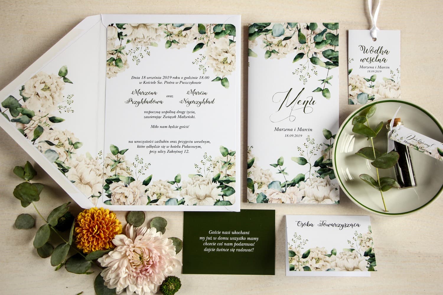 Greenery-Hochzeitseinladungen mit Eukalyptus und weißer Pfingstrose Aurum Nr. 3 - 2
