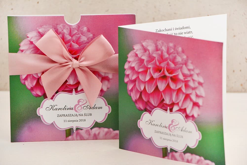 Glamour Hochzeitseinladung mit Blumen, Flaschengrün vergoldet mit rosa Dahlie – Felicja Nr. 9 - 3