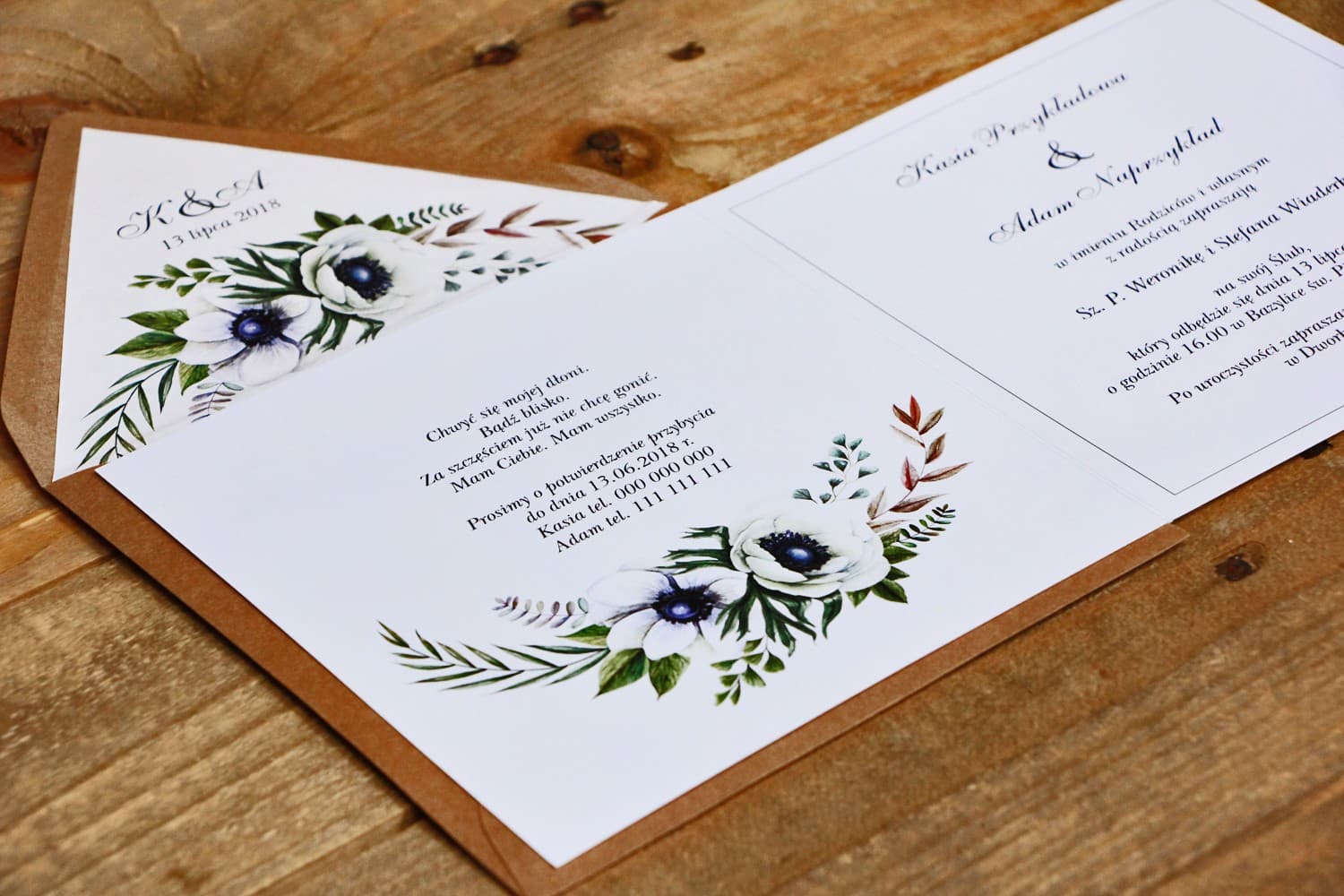 Boho Hochzeitseinladungen mit Anemonen und Kraftpapier-Umschlag – Kalia Nr. 3 - 4