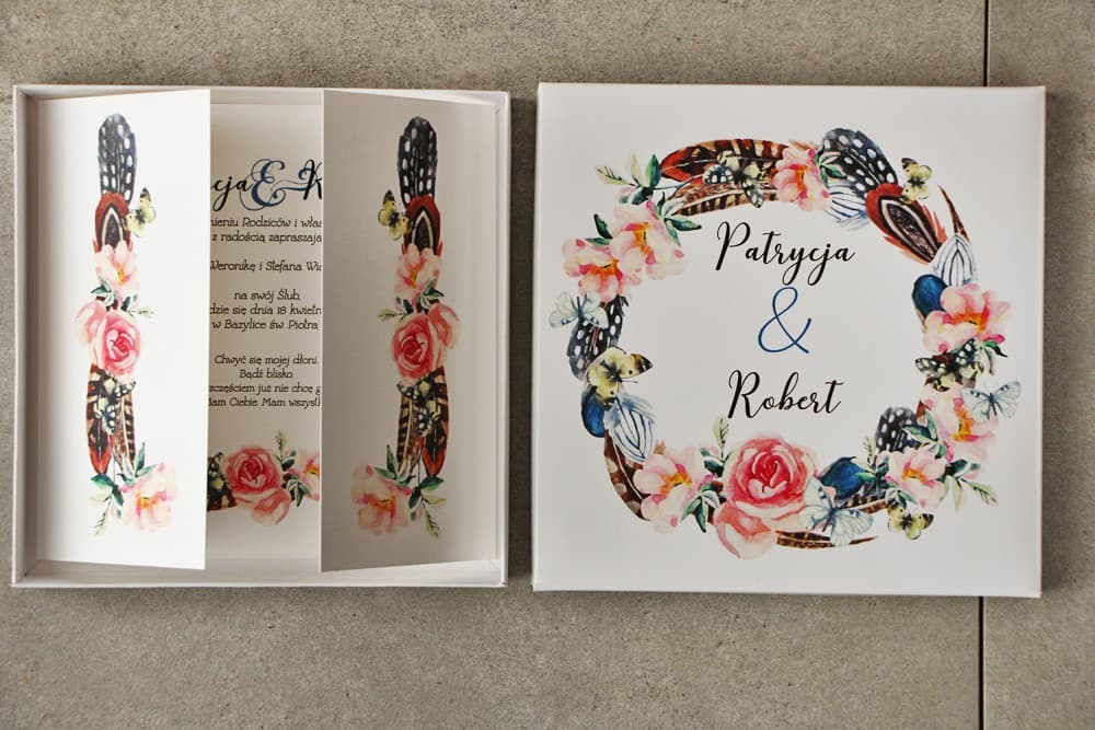 Hochzeitseinladungen in der Box Pistacjowe Nr. 16 – Boho und Schmetterlinge