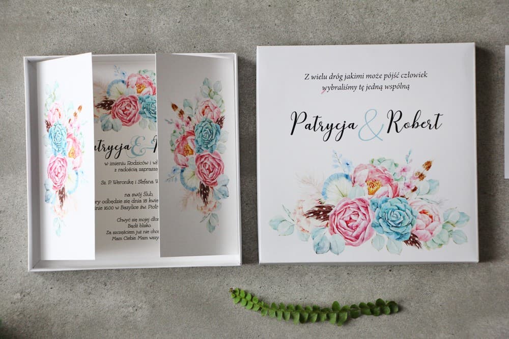 Box-Hochzeitseinladung Pistacjowe Nr. 24 – Pfingstrosen und Goldakzente - 3