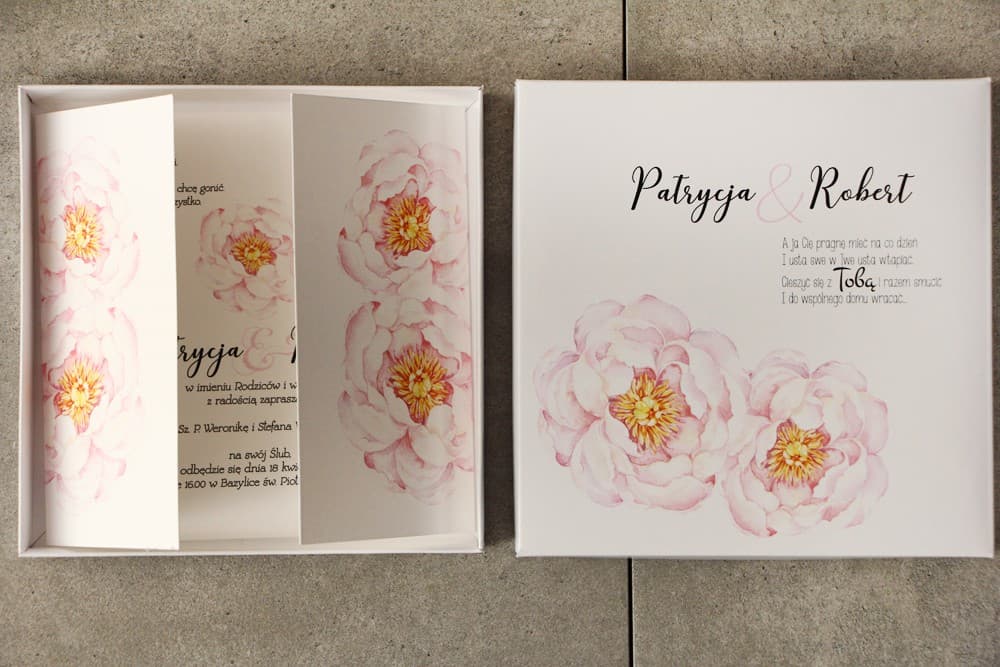 Hochzeitseinladungen in der Box – Pistacjowe Nr. 4 mit Pfingstrose