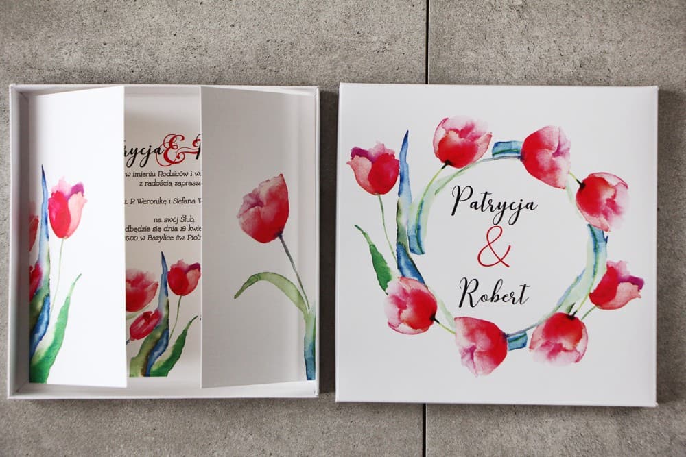 Hochzeitseinladung in der Box Pistacjowe Nr. 5 – Rote Tulpen - 3