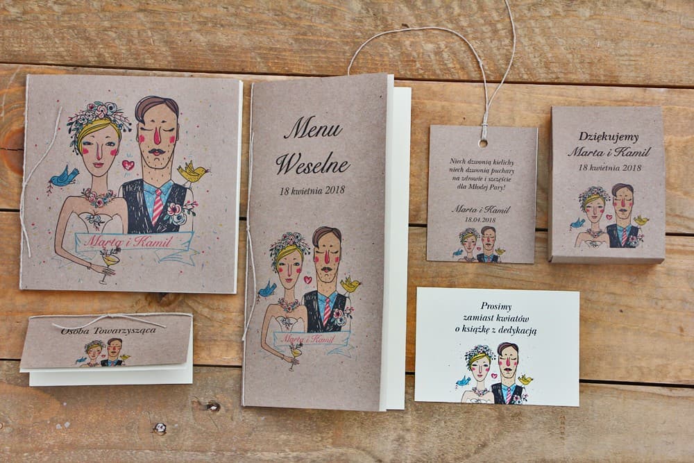 Rustikale Hochzeitseinladungen mit Brautpaar-Illustration auf Öko-Papier – Presto Nr. 1 - 2