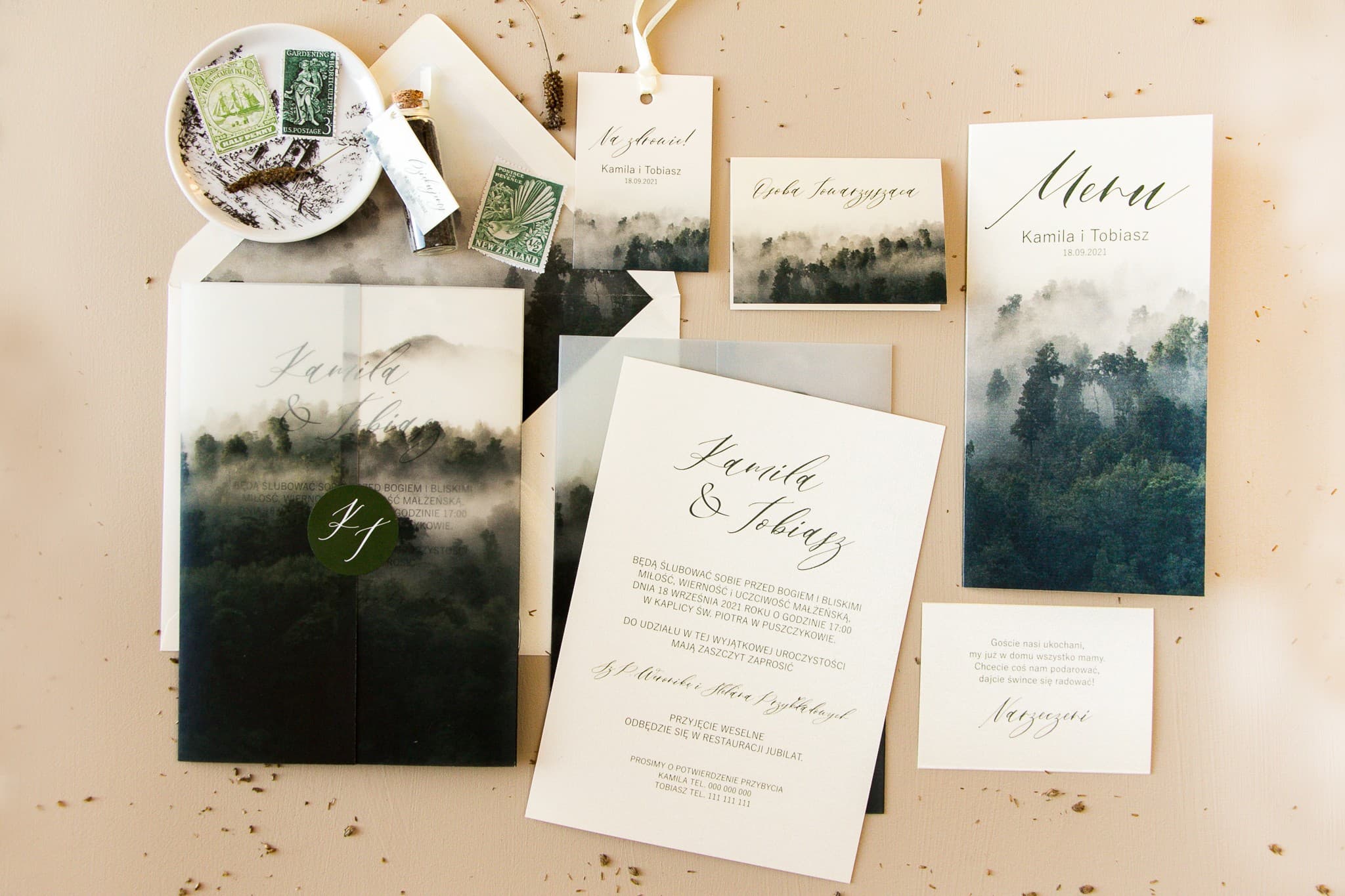 Hochzeitseinladung Waldmotiv auf Perlmuttpapier mit Transparentpapier – Opal Nr. 2 - 3