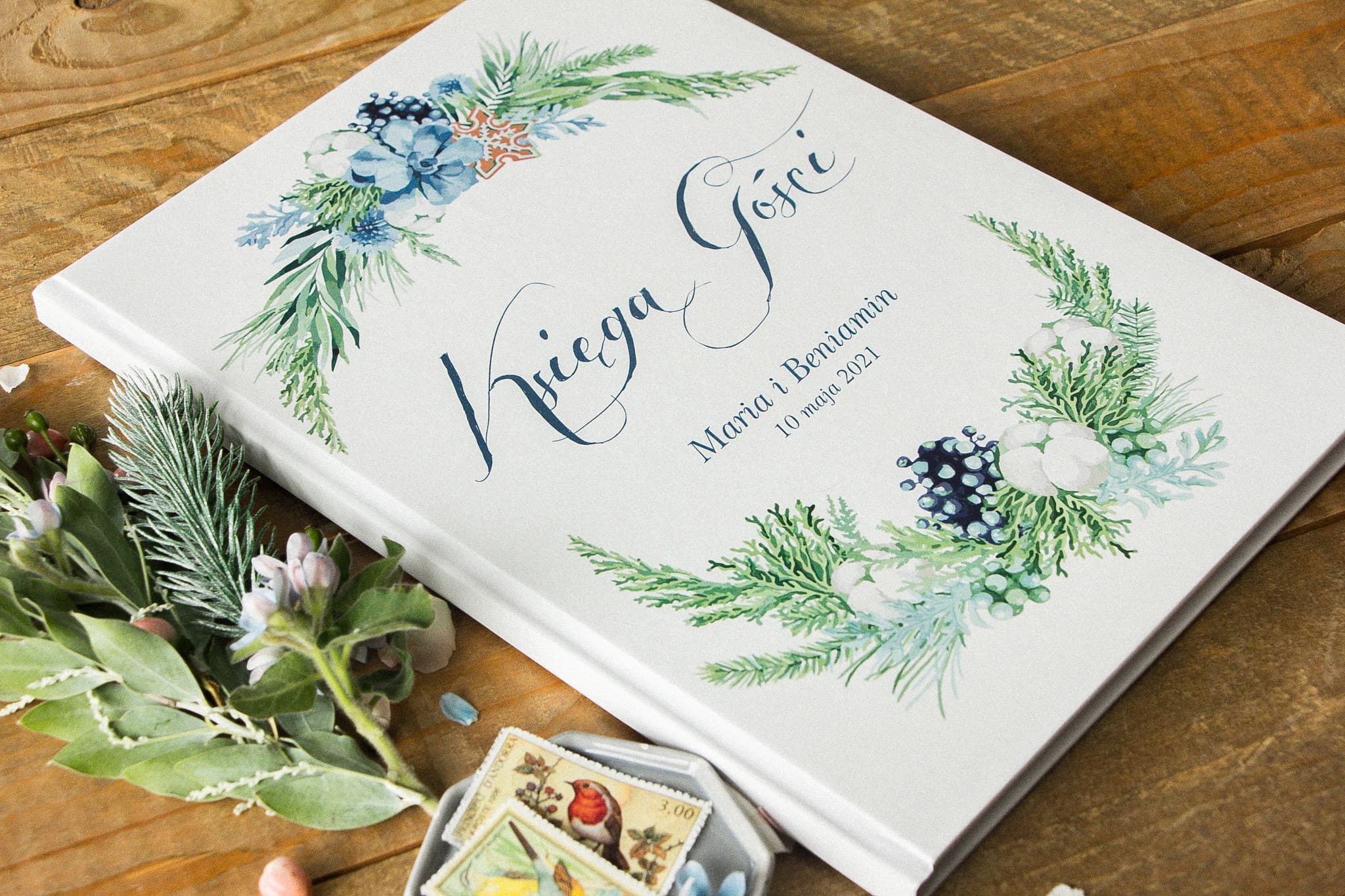 Winter-Gästebuch Botanisch, Dunkelblaue Schrift | Personalisiertes Hochzeitsgästebuch | Kollektion Indygo Nr. 8 - 2