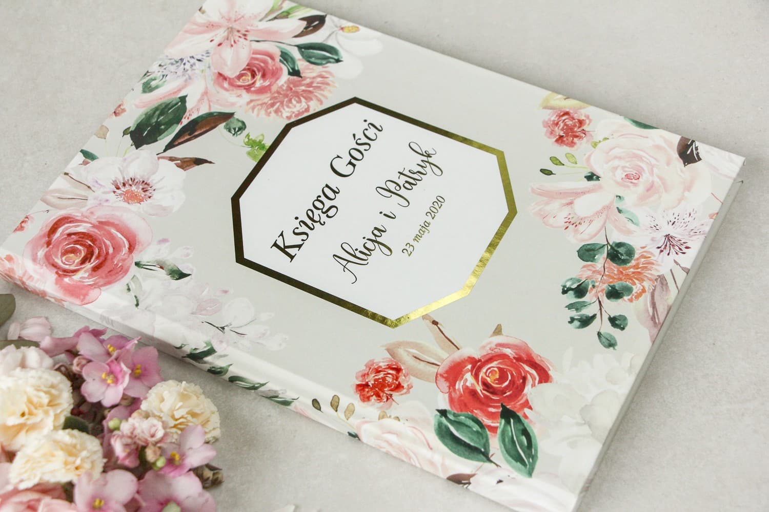 Vergoldetes Gästebuch Hochzeit A4 Aquarellblumen | Personalisierte Erinnerung | Lotus Nr. 1