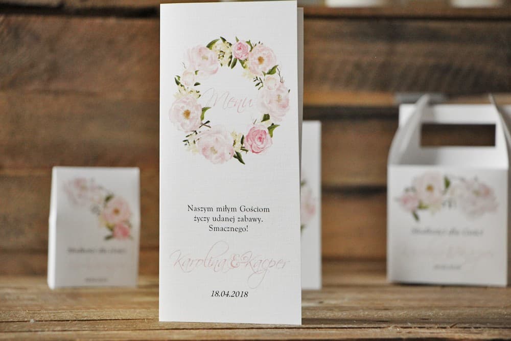 Hochzeitsmenü mit Pfingstrosen, Aquarellblumen, Puderrosa | Menükarte für den Hochzeitstisch | Akwarele Nr. 8