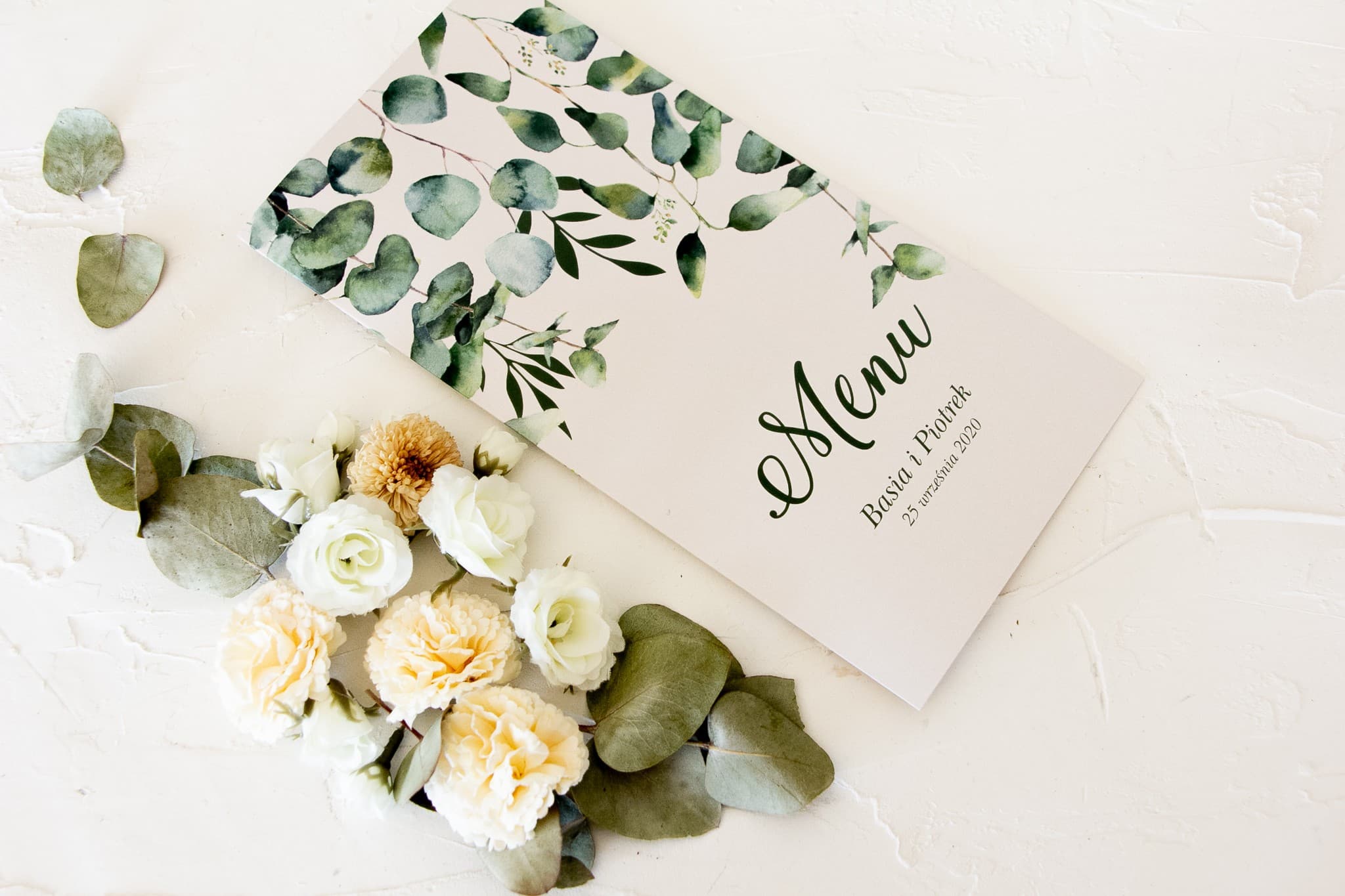 Gefaltetes Hochzeitsmenü mit Eukalyptus | Elegante Menükarte für den Hochzeitstisch Grün | Korani Nr. 3