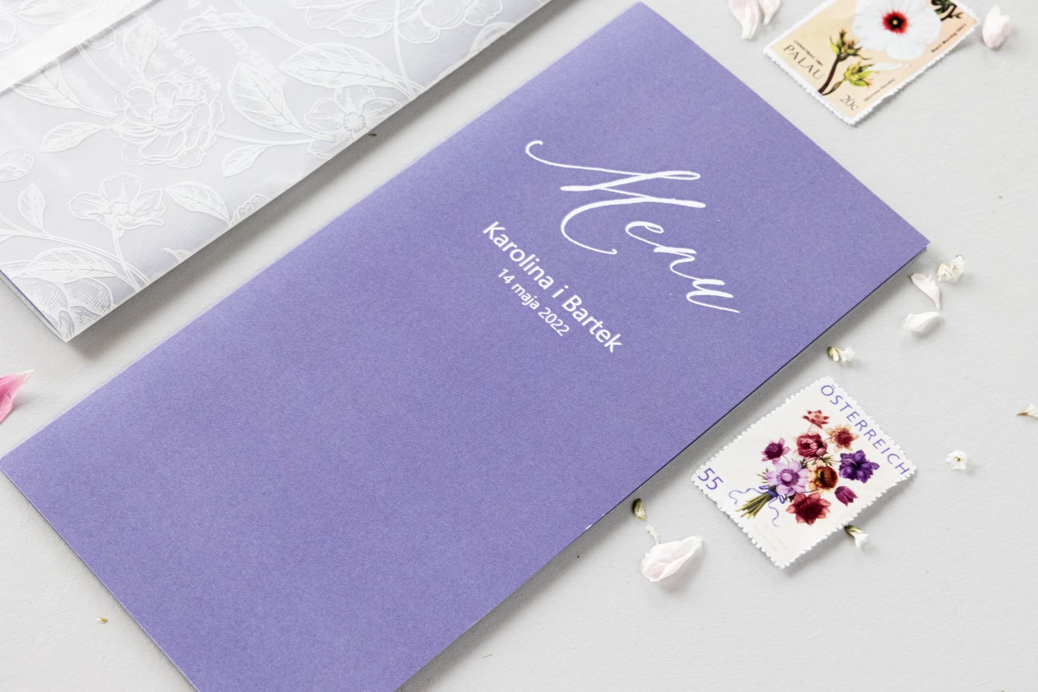 Lavendel Hochzeitsmenü Klappkarte mit Lavendel-Motiv | Elegante Menükarte für den Tisch | Nefryt Nr. 3