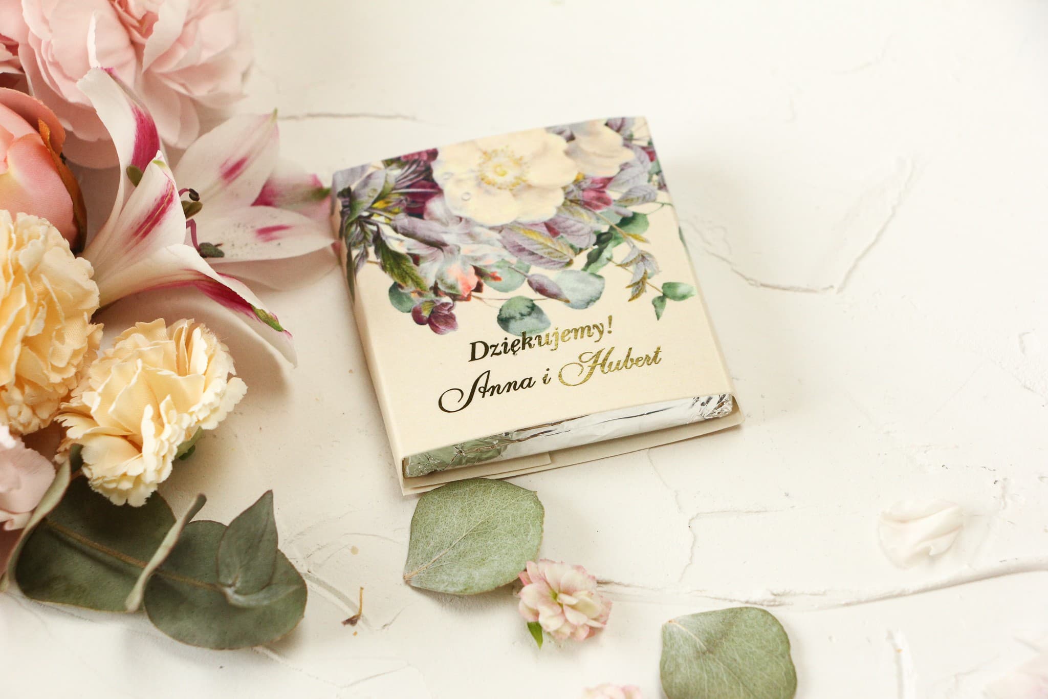 Vergoldete Hochzeits-Schokolade Vintage | Gastgeschenke Rosa Blumen & Eukalyptus | Szafirowe Nr. 1