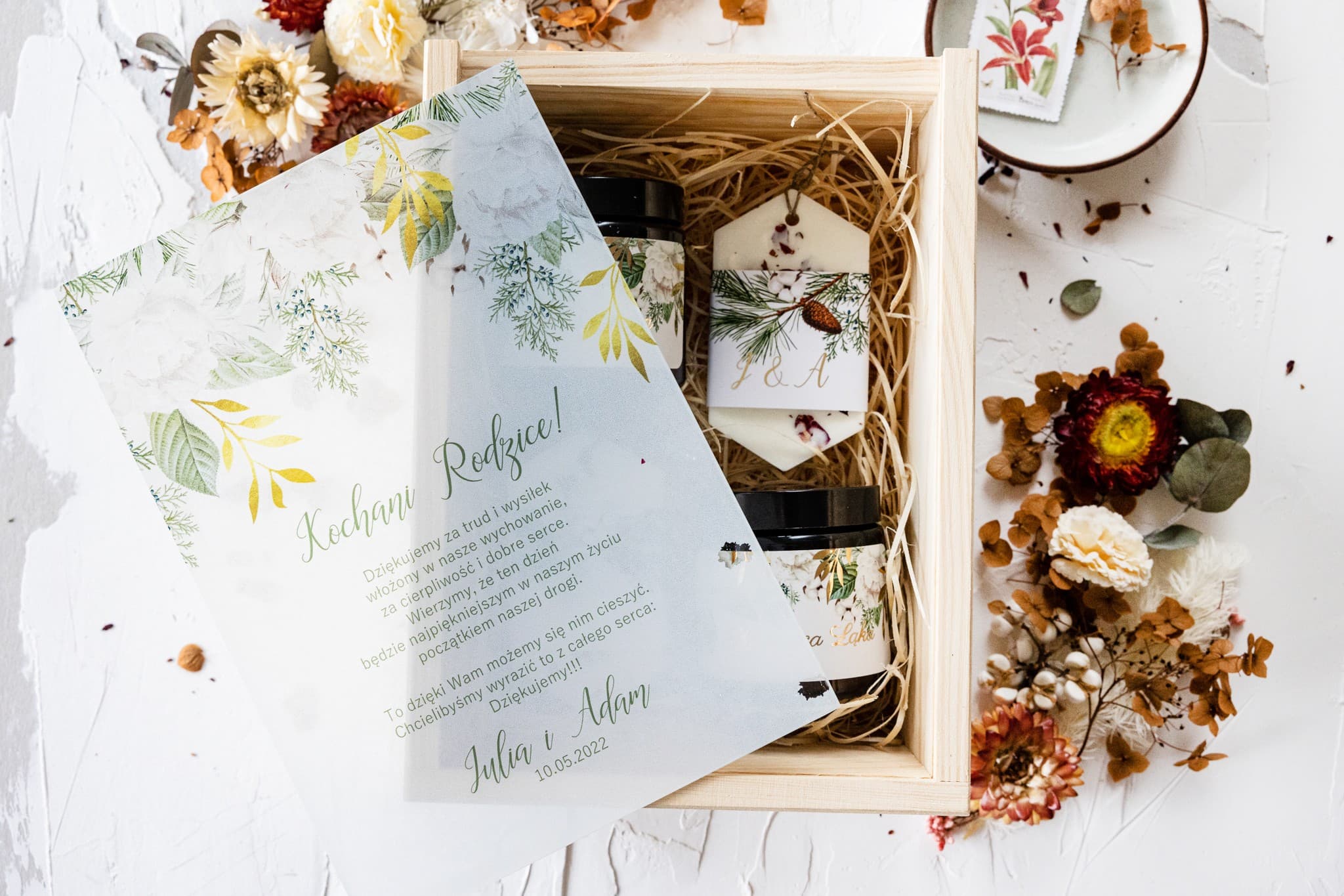 Box mit Druck auf Glas, Sojakerzen | Dankeschön für Eltern, Hochzeitsgeschenk | Rubin Nr. 6