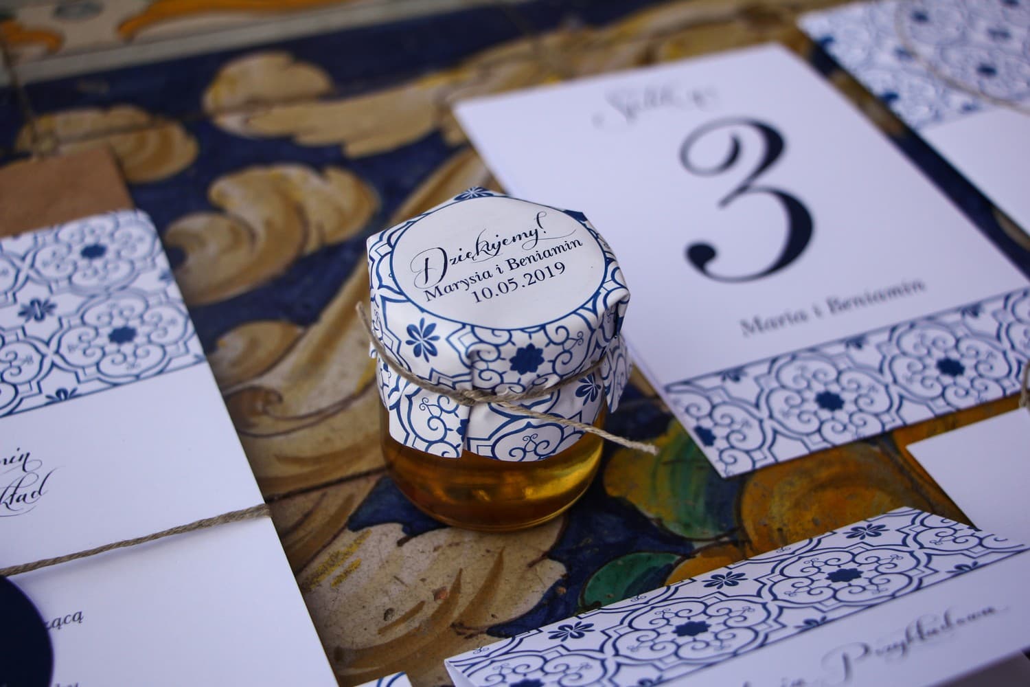 Natural Polish Honey Jar Indygo No. 1 – Sweet Wedding Favour with Spanish Motif