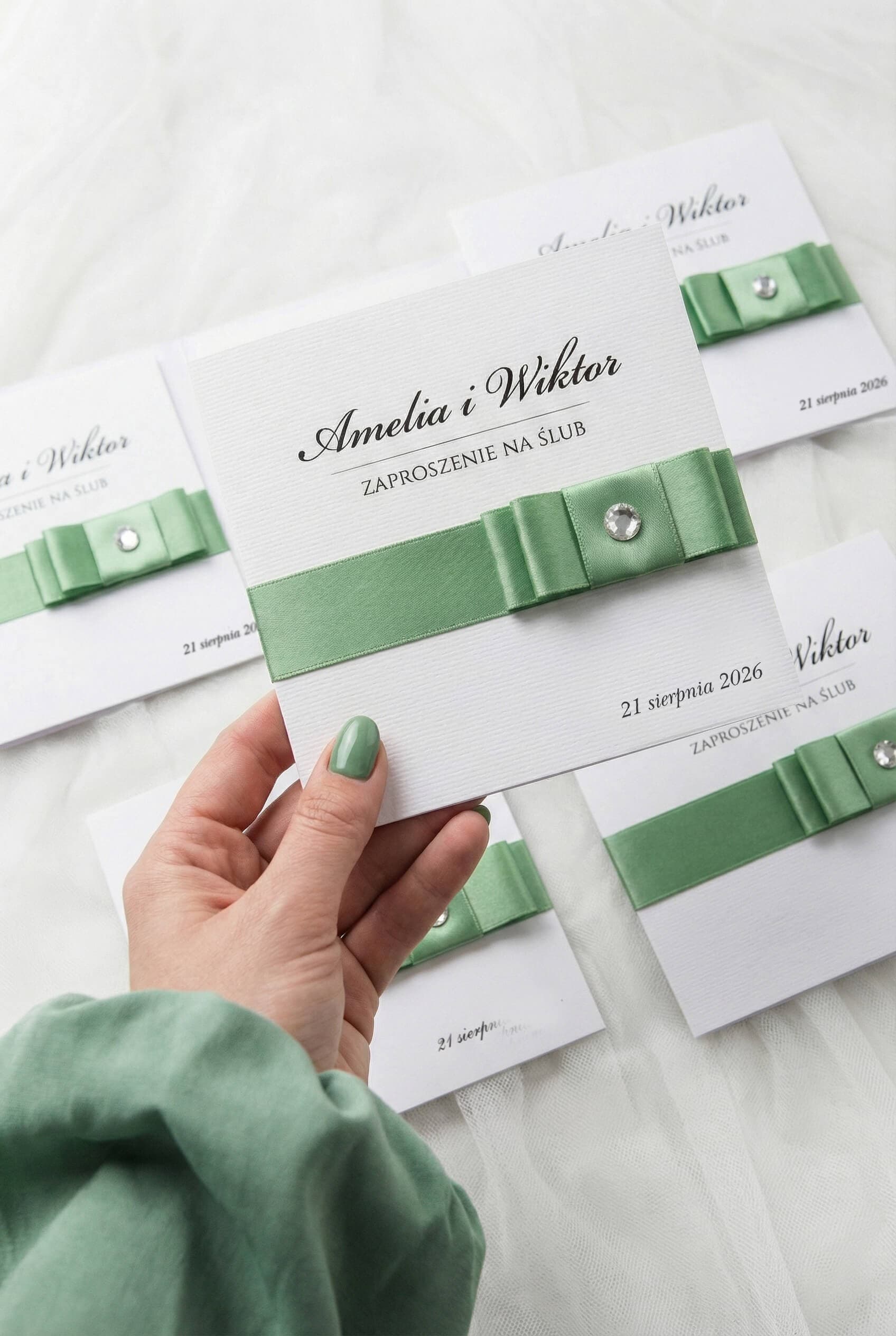 Invitaciones de boda con lazo verde salvia Gallant nº 2 y circonita Amelia Wedding