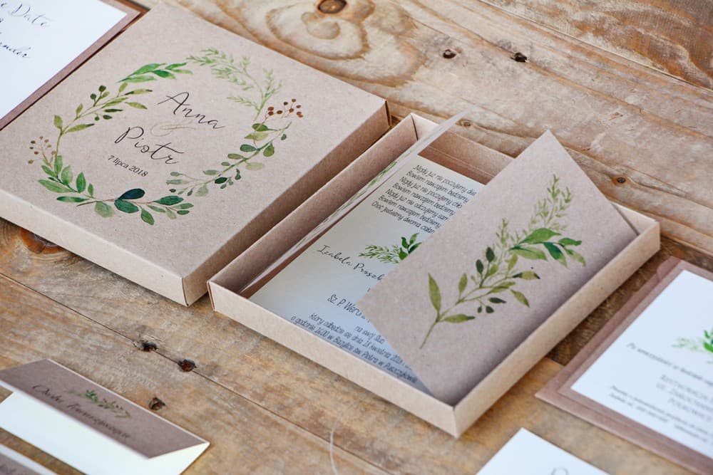 Invitación de boda espectacular en caja - Ecológica Margaret n.º 7 - Ramas verdes
