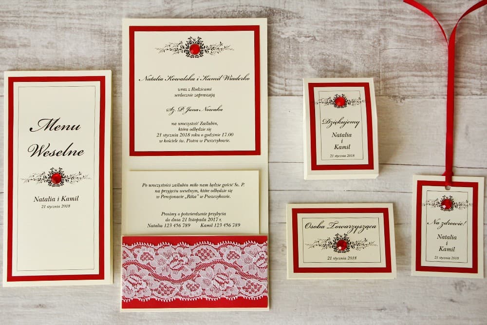 Invitación de boda con accesorios - Con Encaje nº 9 - Rojo - Elegante con circonitas y encaje