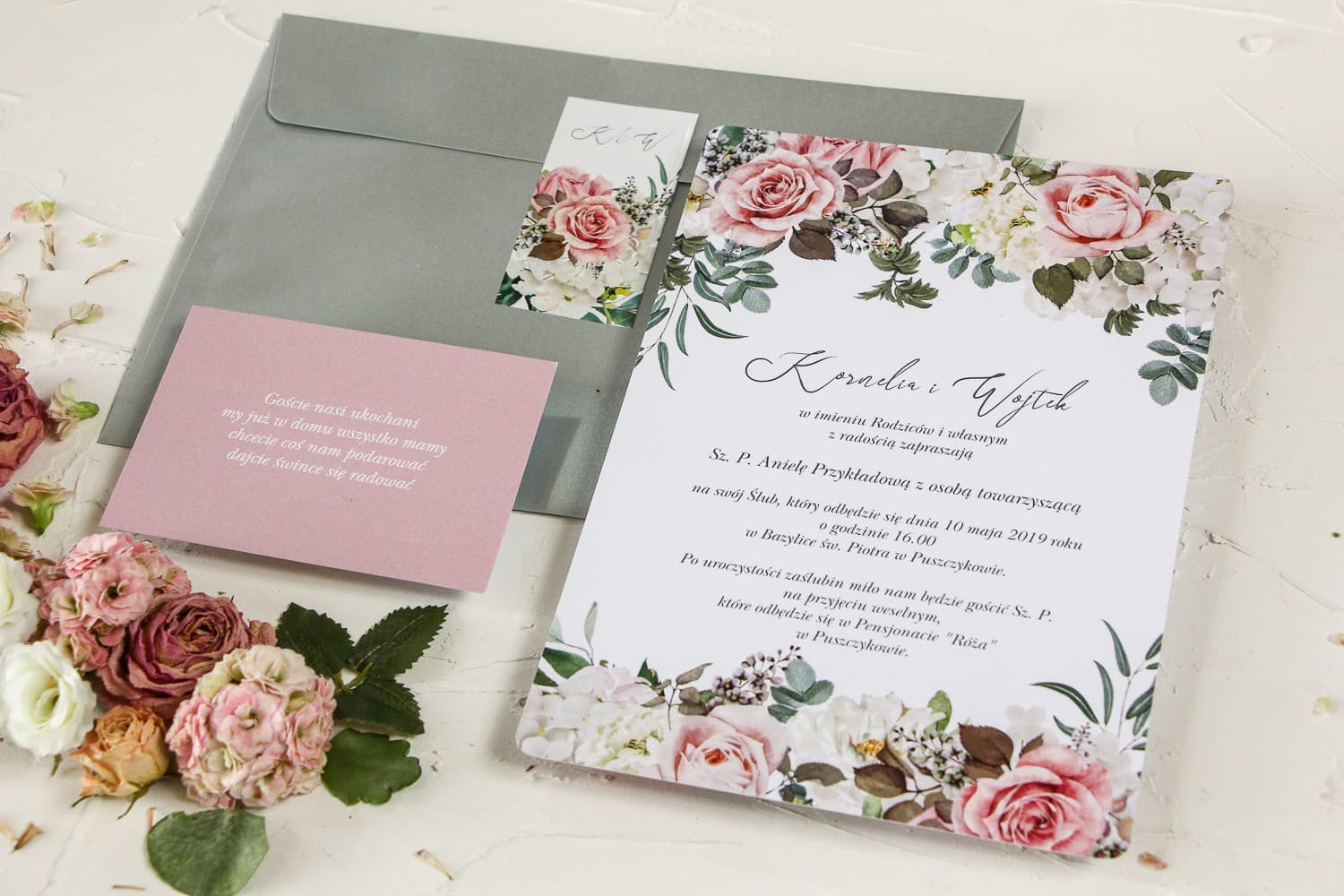 Conjunto de invitación de boda rosa Wenis n.º 1 con sobre plateado
