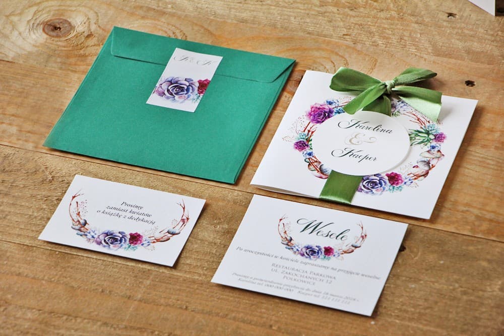Set de invitación de boda con tarjetas RSVP y lazo - Acuarelas n.º 1 - Suculentas violetas y verdes
