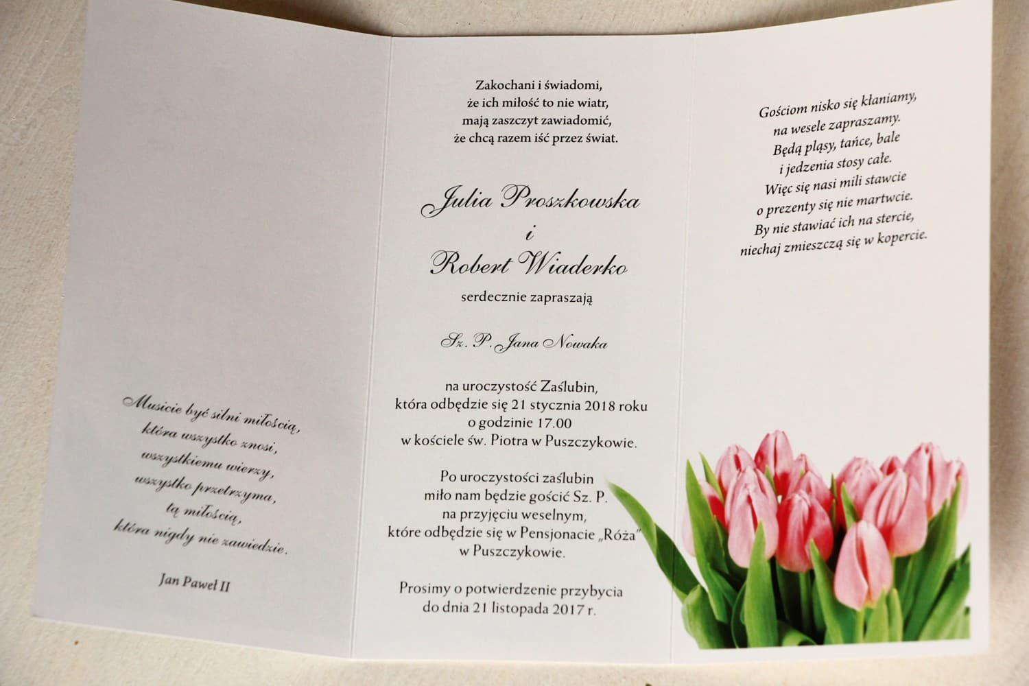 Interior de la invitación - Invitaciones de boda con tulipanes rosas