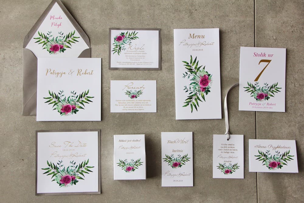 Invitaciones de boda con dorado, composición verde de ramas y flores de rosa. Invitaciones doradas - Cykade nº 4