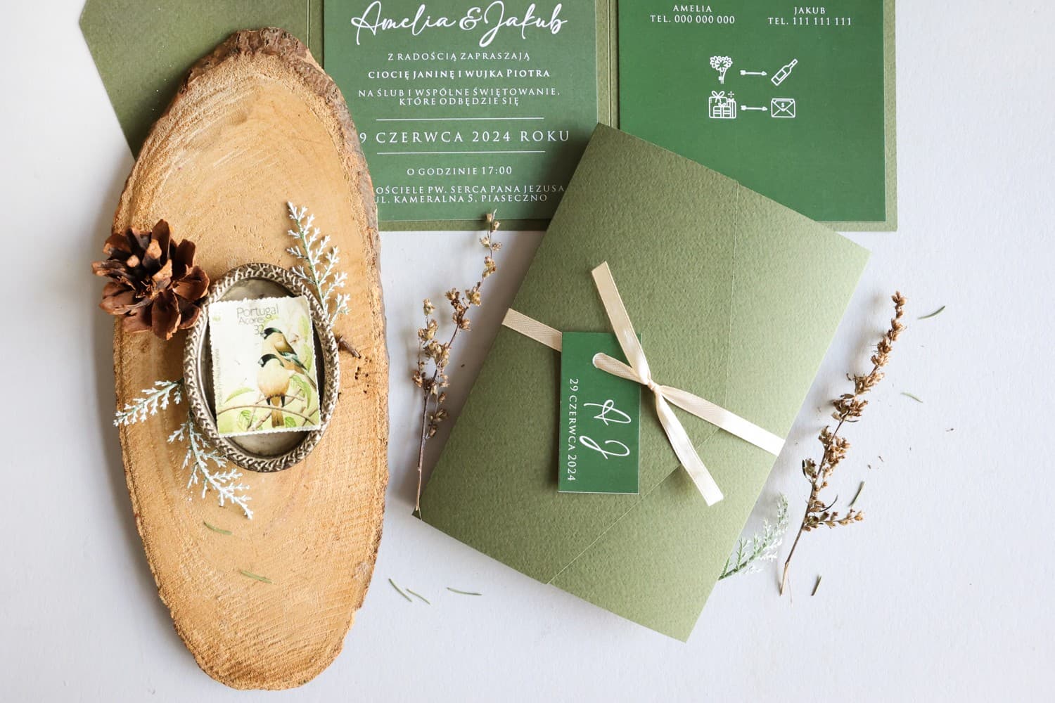 Invitaciones de boda verdes con lazo estilo boho Avril nº 5 Amelia Wedding
