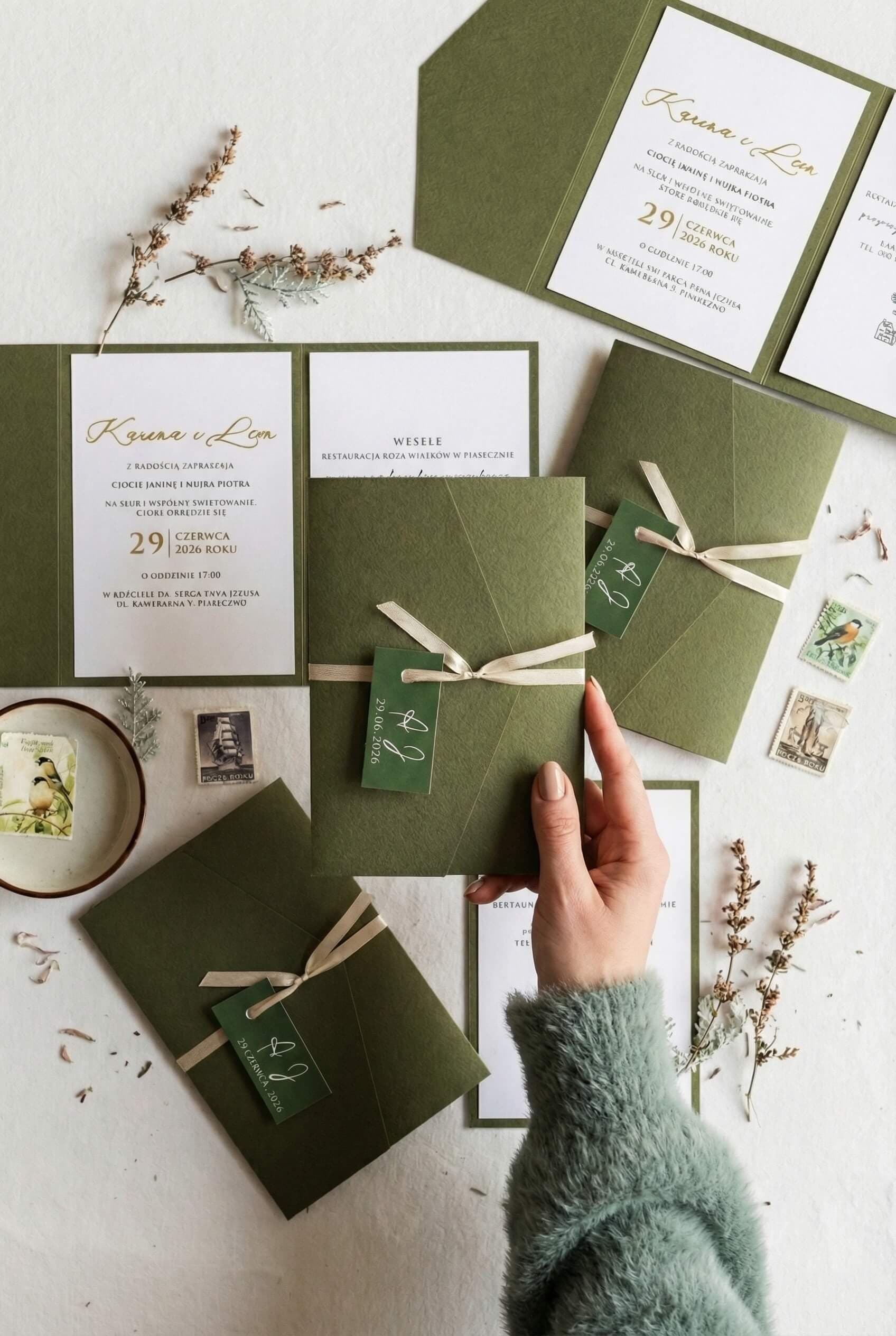 Invitaciones de boda verde botella Avril nº 11 textos dorados Amelia Wedding