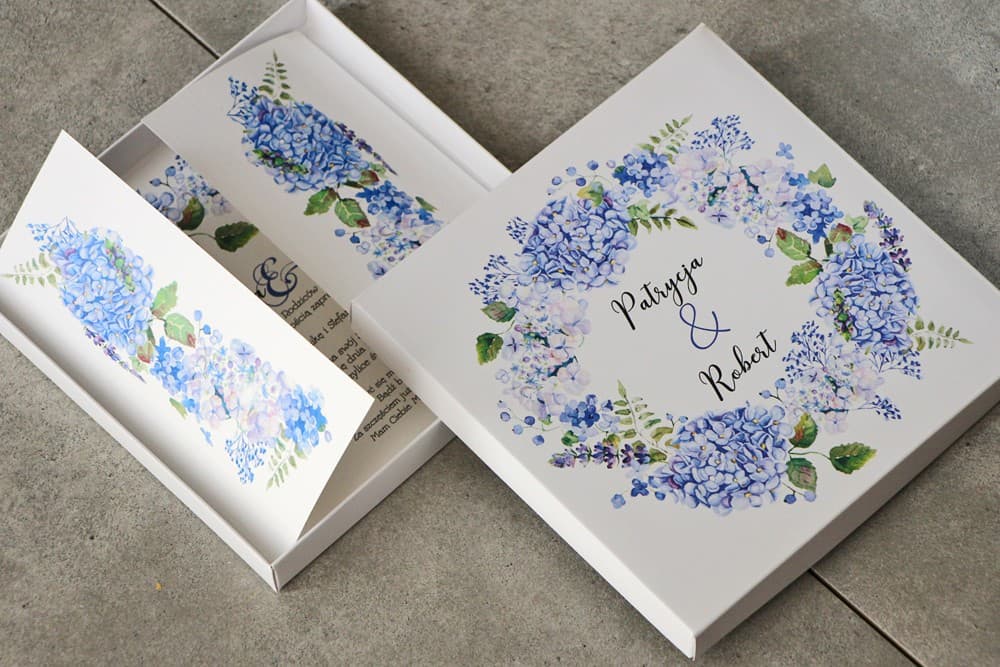 Detalle de invitación de boda en caja - Pistacho nº 1 - Hortensias azules