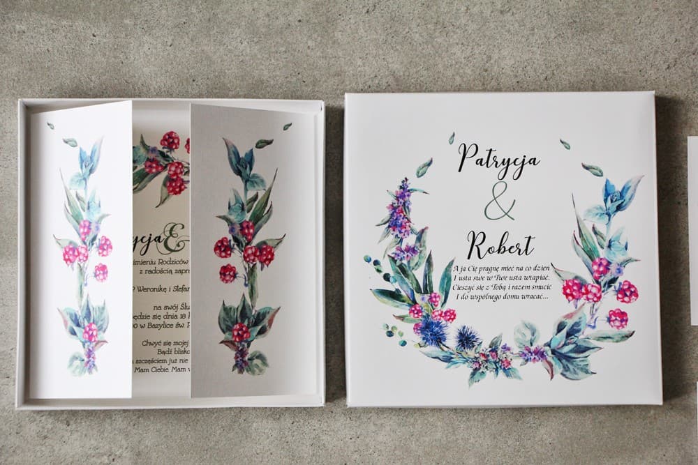 Espectacular invitación de boda en caja - Pistacho 17 - Frutos del bosque en colores fríos