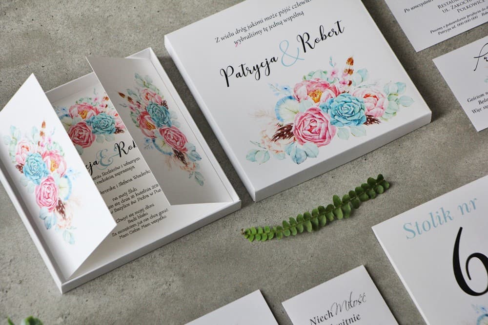 Impresionante invitación de boda en caja - Pistacho n.º 24 - Composición boho en tonos pastel