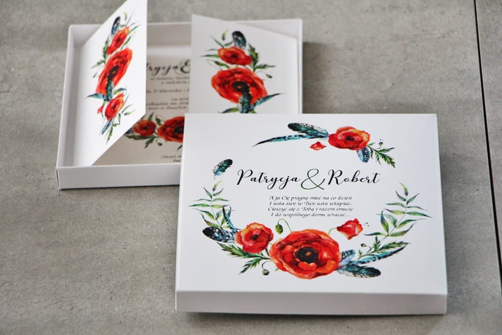 Invitaciones en Caja Pistacho nº 19 – Amapolas y Plumas