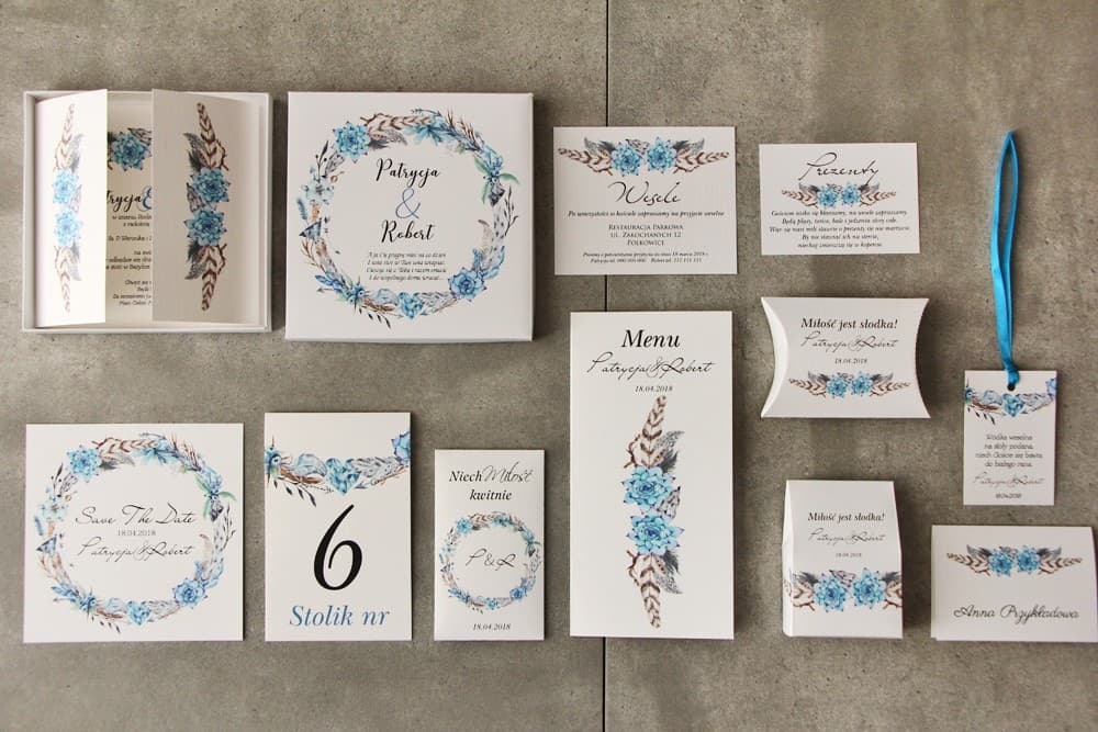 Impresionante invitación de boda en caja con accesorios - Pistacho 21 - Boho en tonos azules y marrones