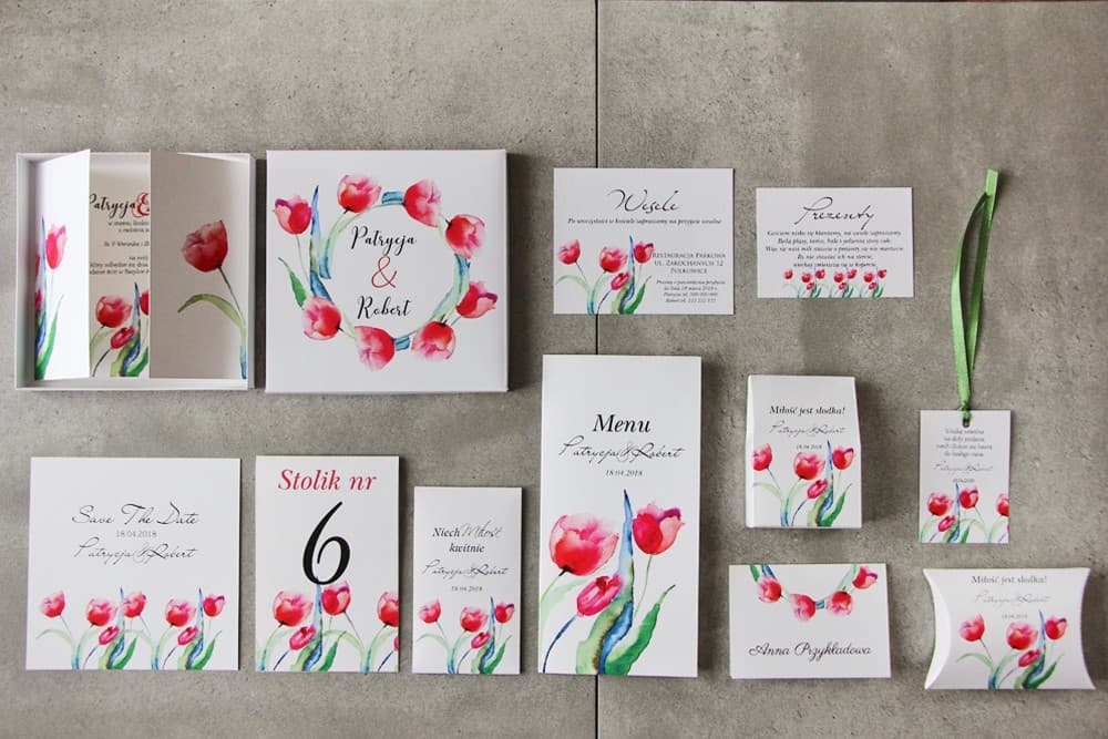 Impresionante invitación de boda en caja con accesorios - Pistacho nº 5 - Tulipanes rojos de primavera