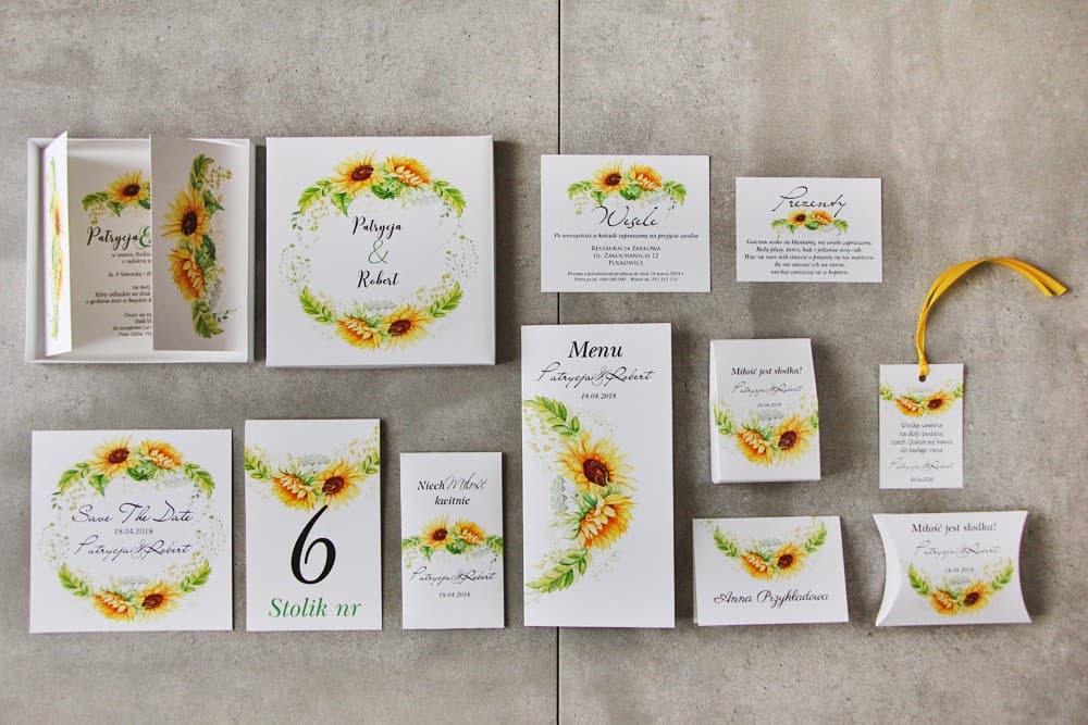 Invitación de boda en caja con accesorios - Pistacjowe 13 - Girasoles de verano
