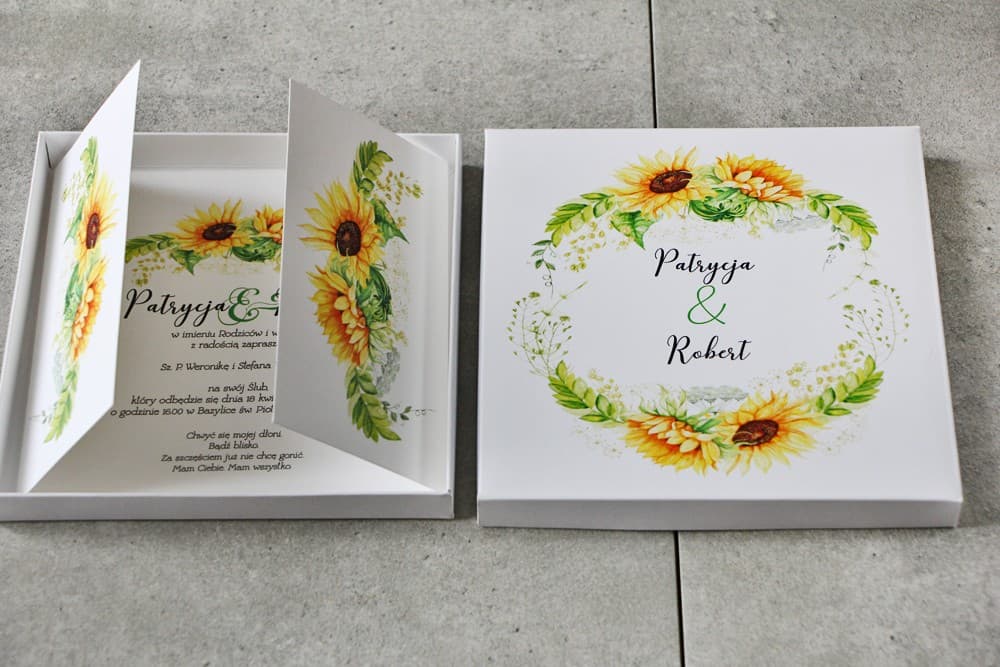 Elegante invitación de boda en caja - Pistacjowe nr 13 - Motivo de girasoles