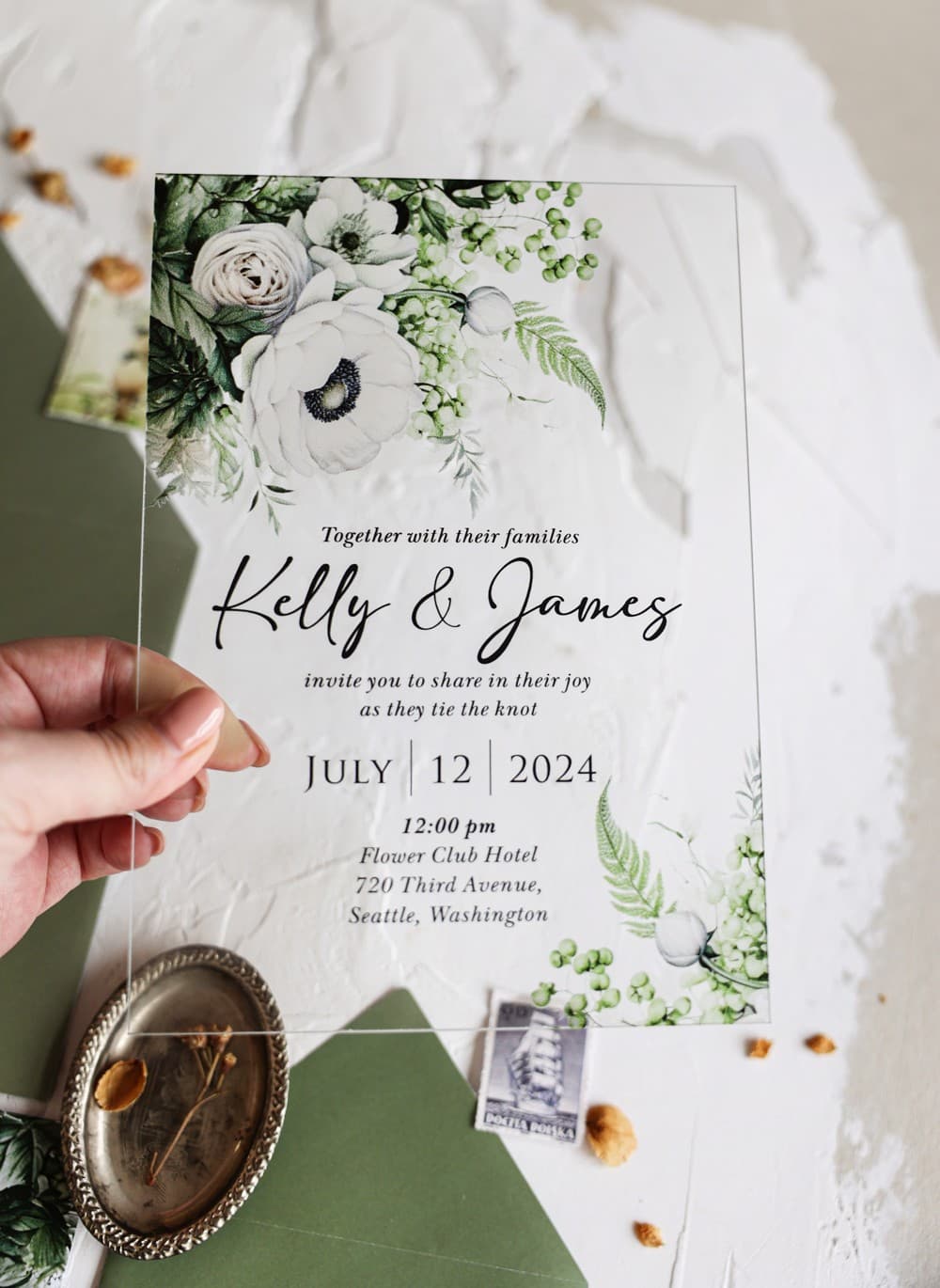 Invitaciones de Boda en Cristal – Korani nº 15 con Anémonas Blancas