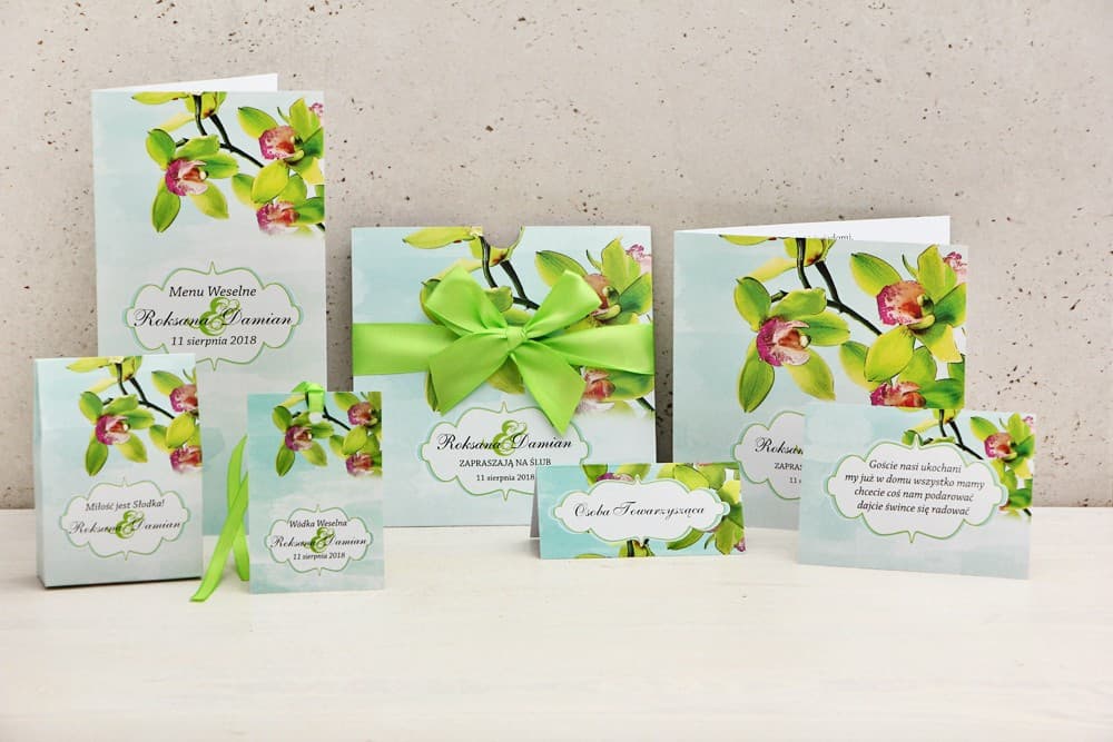 Invitación de boda con accesorios nupciales - Felicja n.º 20 - Orquídeas verdes
