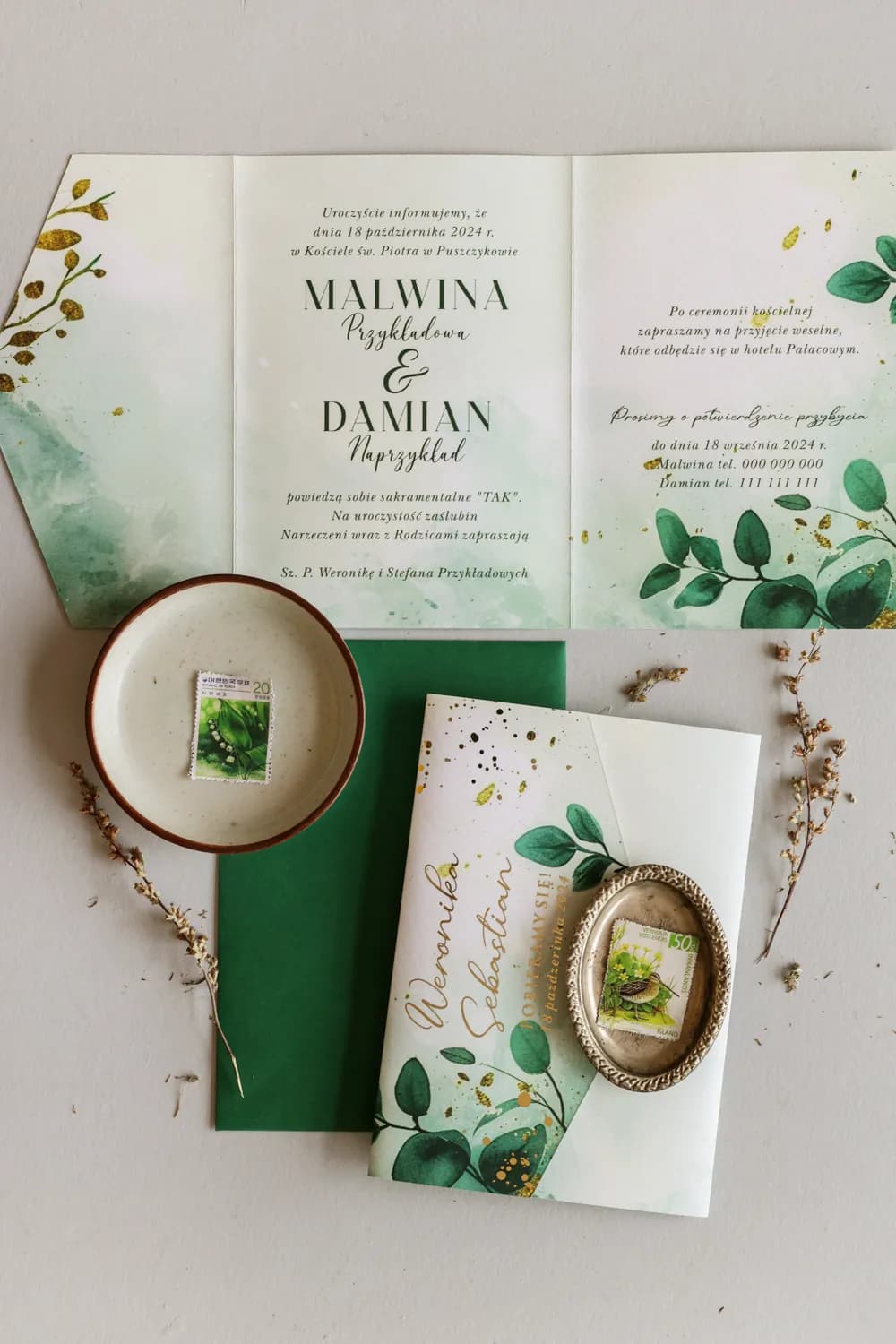 Invitaciones de Boda Greenery – Jadeit n.º 1 con Eucalipto y Oro