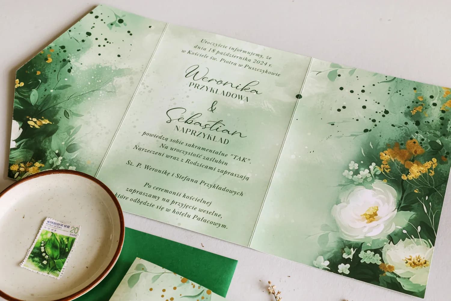 Papelería de boda elegante con motivo botánico y manchas doradas Jadeit n.º 2 Amelia Wedding