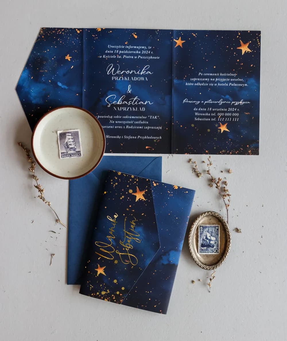 Invitaciones de boda desplegables con motivo de cosmos y estrellas Jadeit nº 10 Amelia Wedding