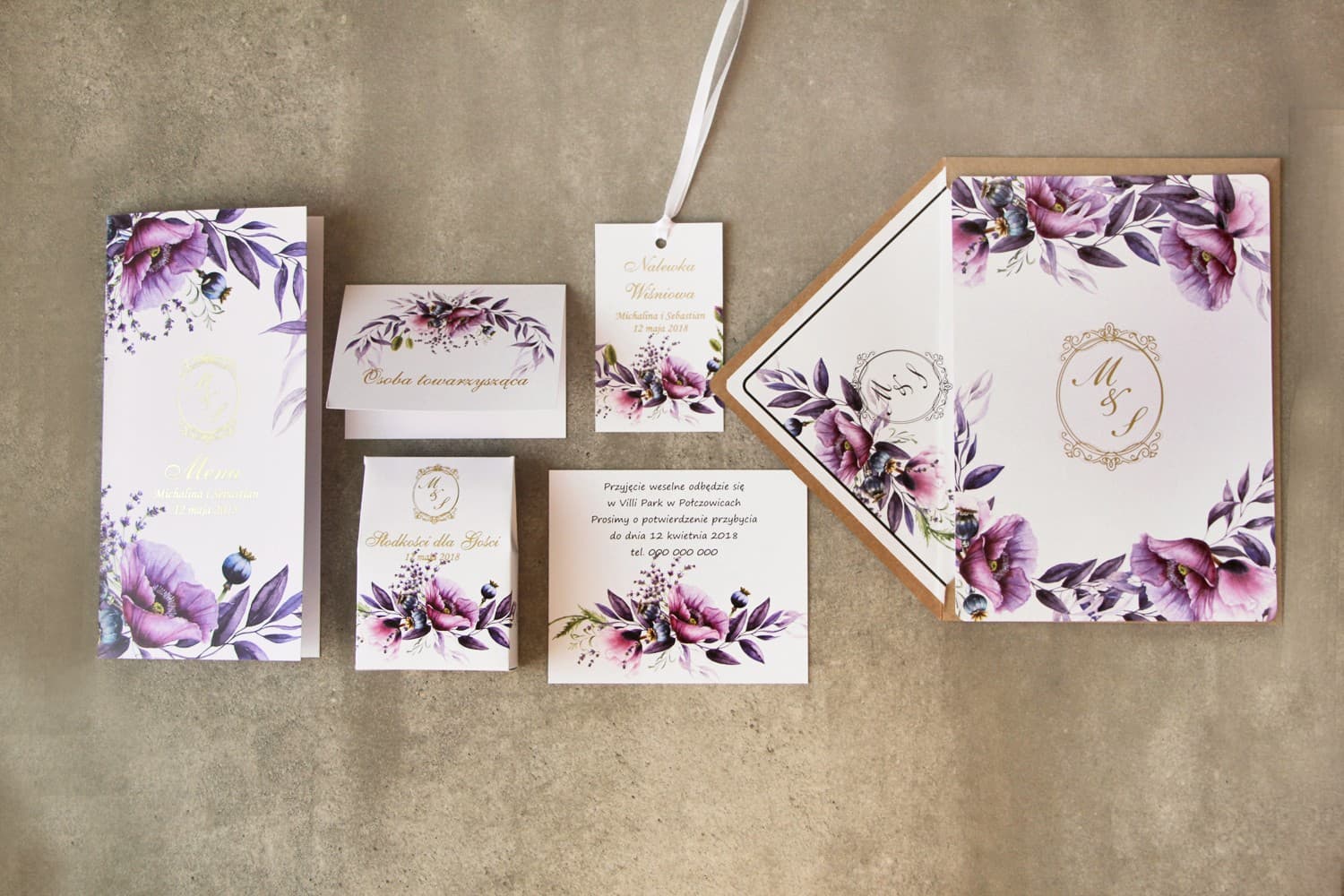 Set de muestra de invitaciones de boda colección Sorento n.º 15 con amapolas y lavanda