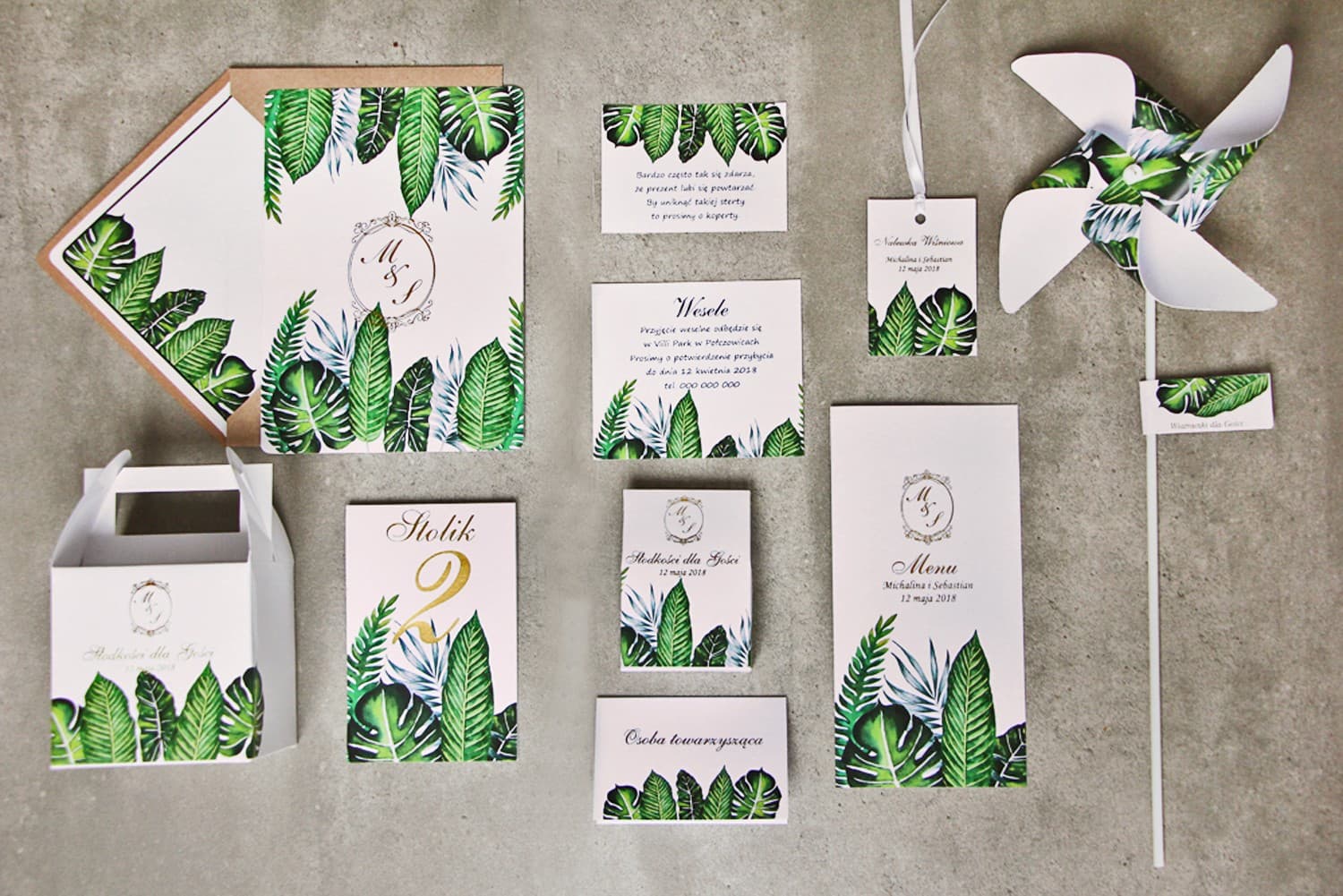 Set de invitación de boda Sorento nº 12 con hojas tropicales y dorado