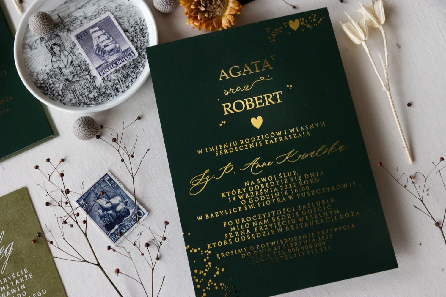 Invitations de mariage dorées hot stamping Simple n° 2 vert sapin Amelia Wedding