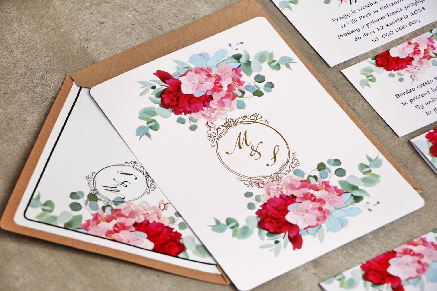 Invitations de mariage avec pivoine amarante et hortensia Sorento n° 14 Amelia Wedding