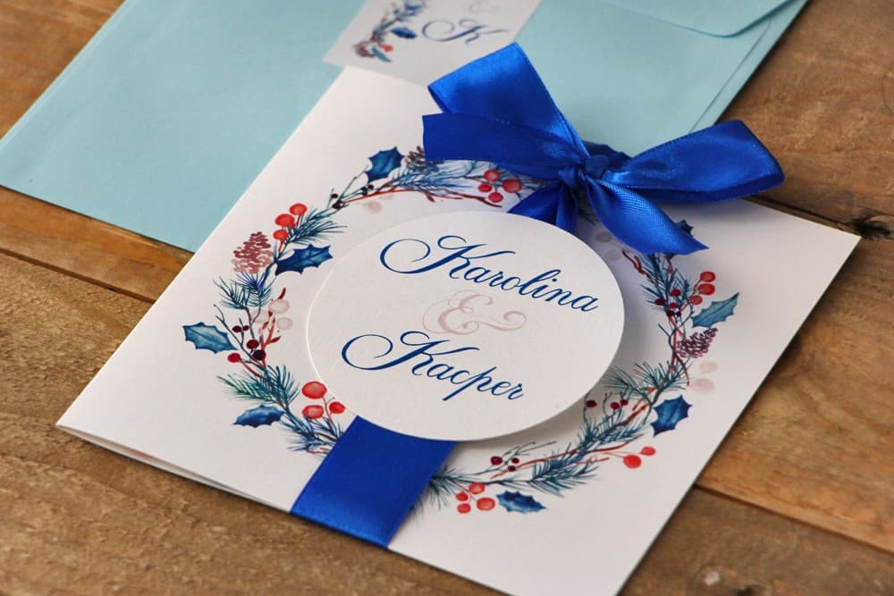 Inviti di matrimonio invernali con fiocco Acquerelli n. 15 agrifoglio Amelia Wedding