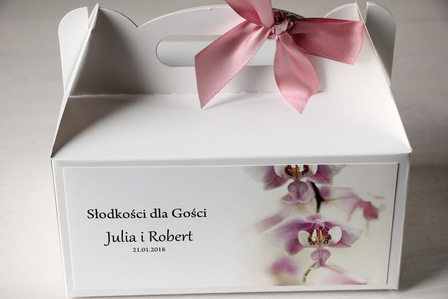 Kuchenbox zur Hochzeit mit Orchidee, personalisiert | Rechteckige Gastgeschenke | Magnet Nr. 13
