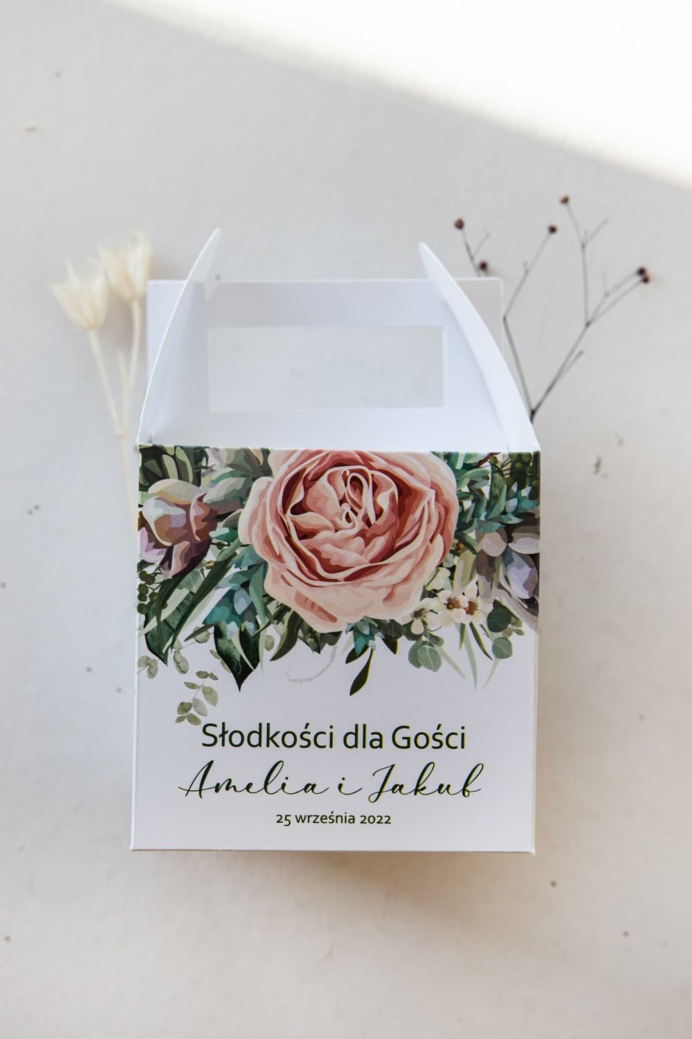 Kuchenbox zur Hochzeit mit Pfingstrose, personalisiert | Gastgeschenke Verpackung | Korani Nr. 11