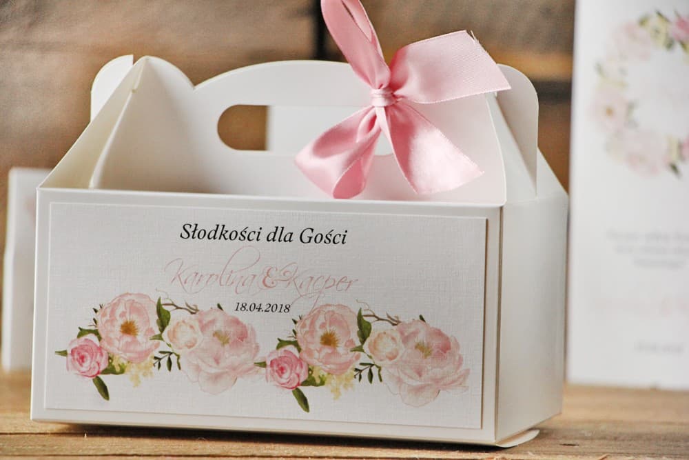 Elegante Kuchenbox, Personalisiert, Puderrosa Pfingstrosen | Gastgeschenk-Verpackung Hochzeit | Kollektion Akwarele Nr. 8