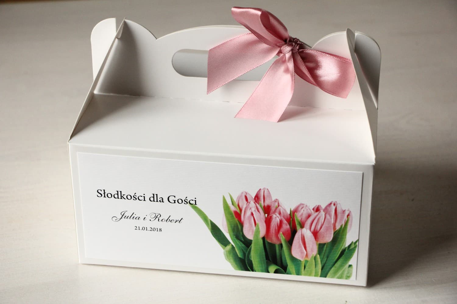 Kuchenbox zur Hochzeit mit Griff Rosa Tulpen | Gastgeschenk Verpackung | Magnet Nr. 15