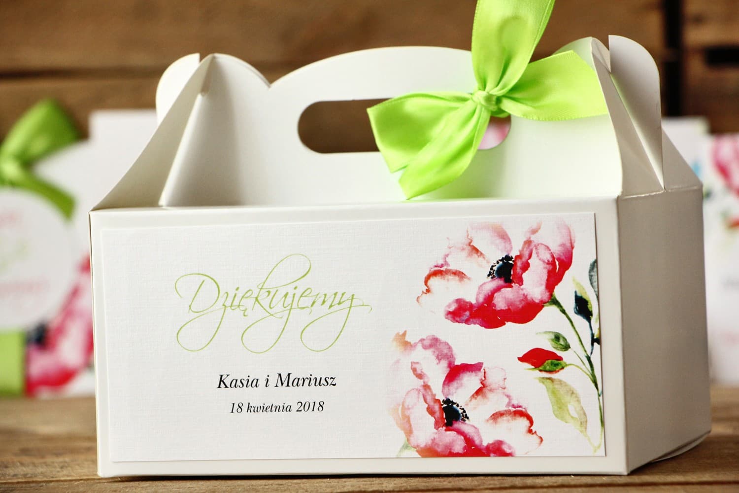 Kuchenboxen für Gäste mit Griff, Blumen | Personalisierte Hochzeitsverpackung | Malowane Kwiaty Nr. 6