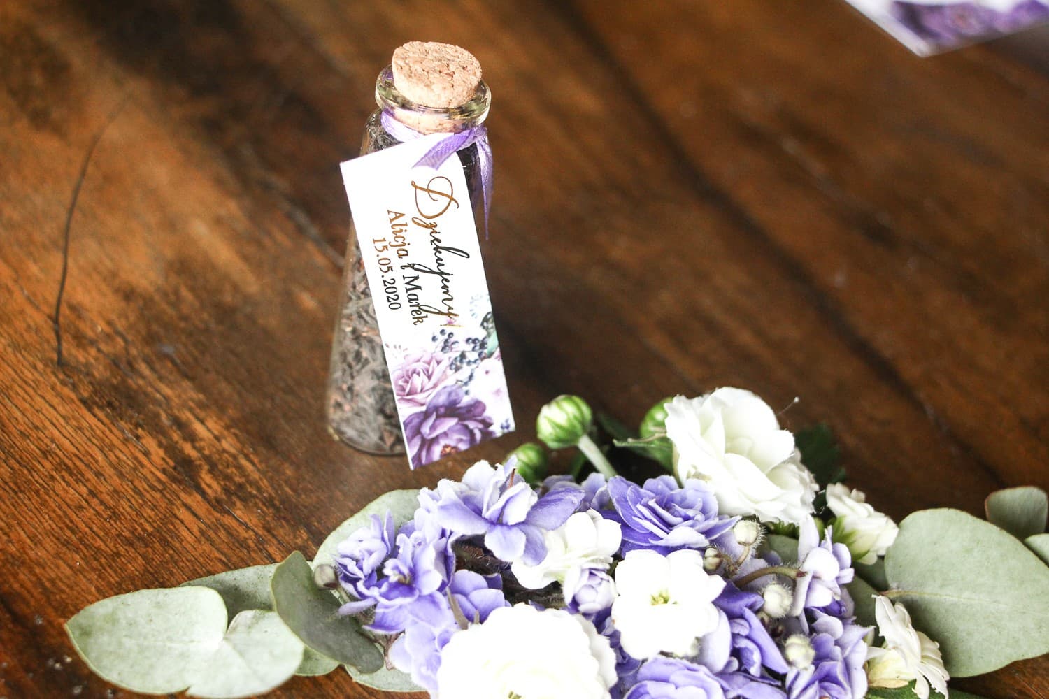 Tea Bottle Wedding Favours with Gold-Foiled Tag, Purple Lavender | Soreli No. 4